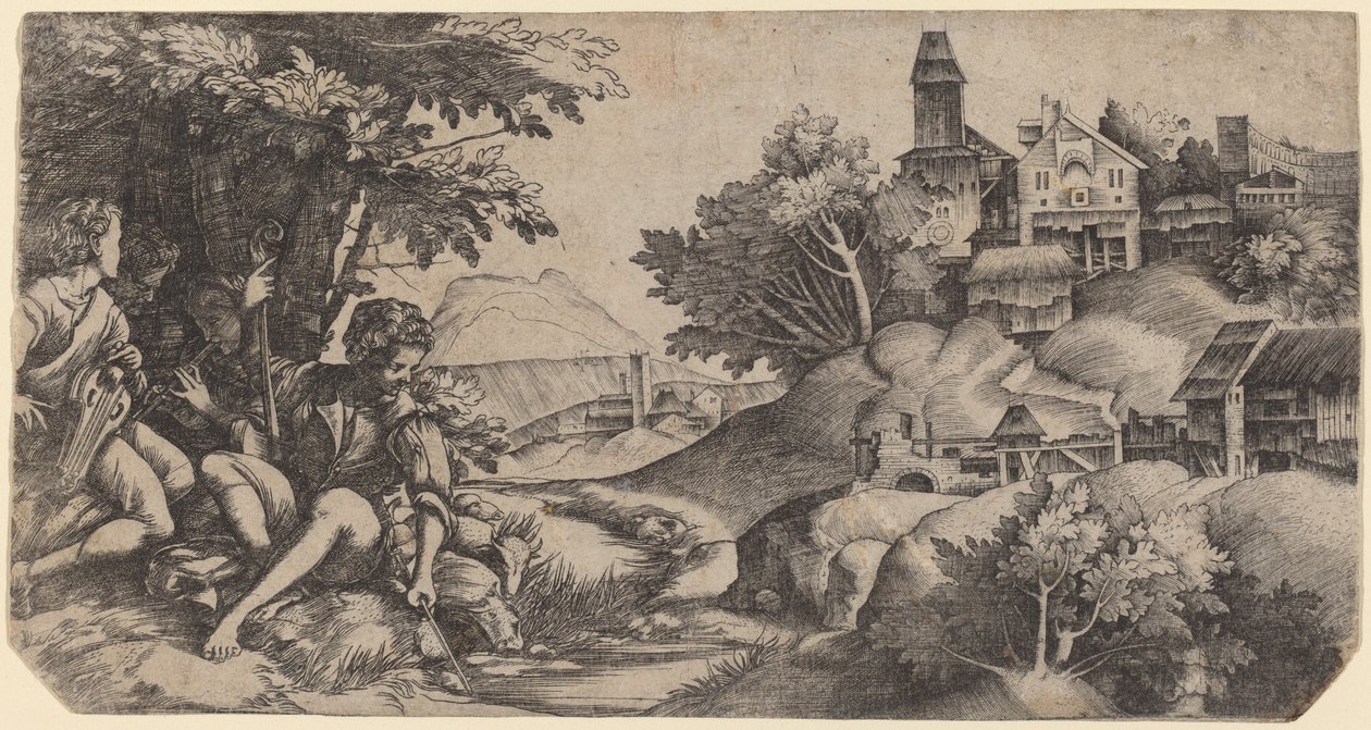 Pasterze w krajobrazie autorstwa Giulio Campagnola and Domenico Campagnola