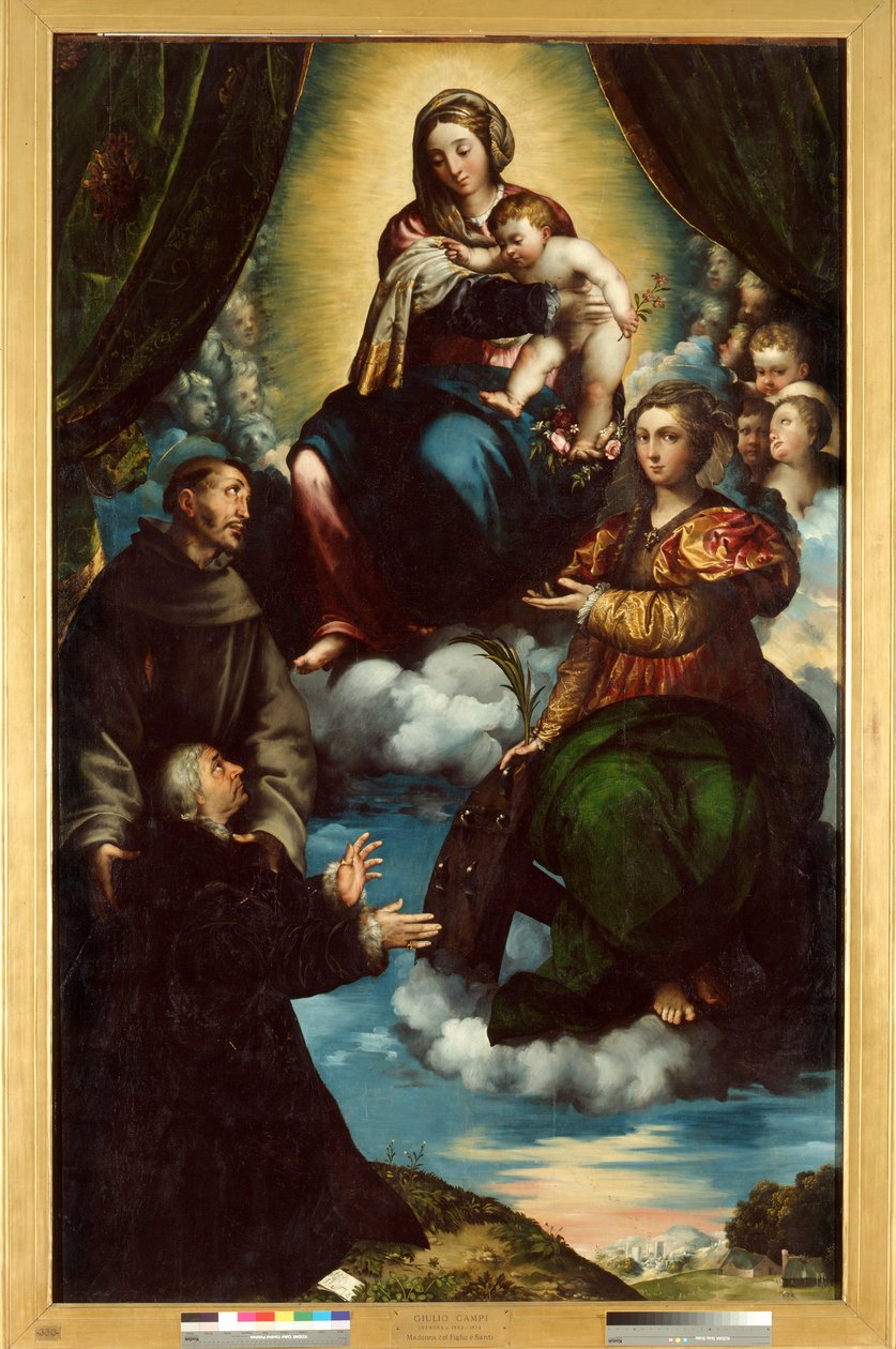 Madonna z Dzieciątkiem, św. Katarzyna z Alesandrii, św. Franciszek i Pietro Martire Print autorstwa Giulio Campi