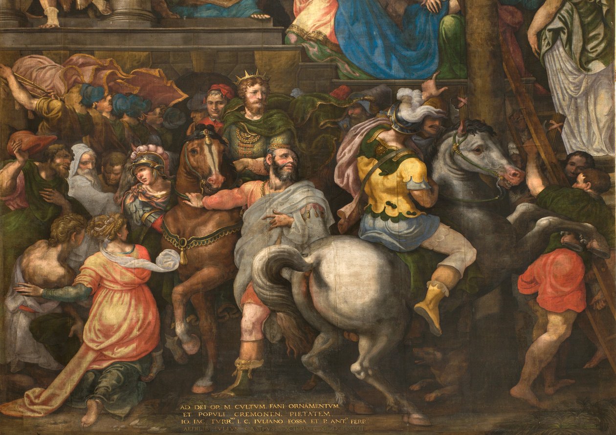 Mur naprzeciw przeciwfasady południowego transeptu, Giuseppe Campi, Triumf Mardocheusza 1567, Detal część dolna autorstwa Giulio Campi