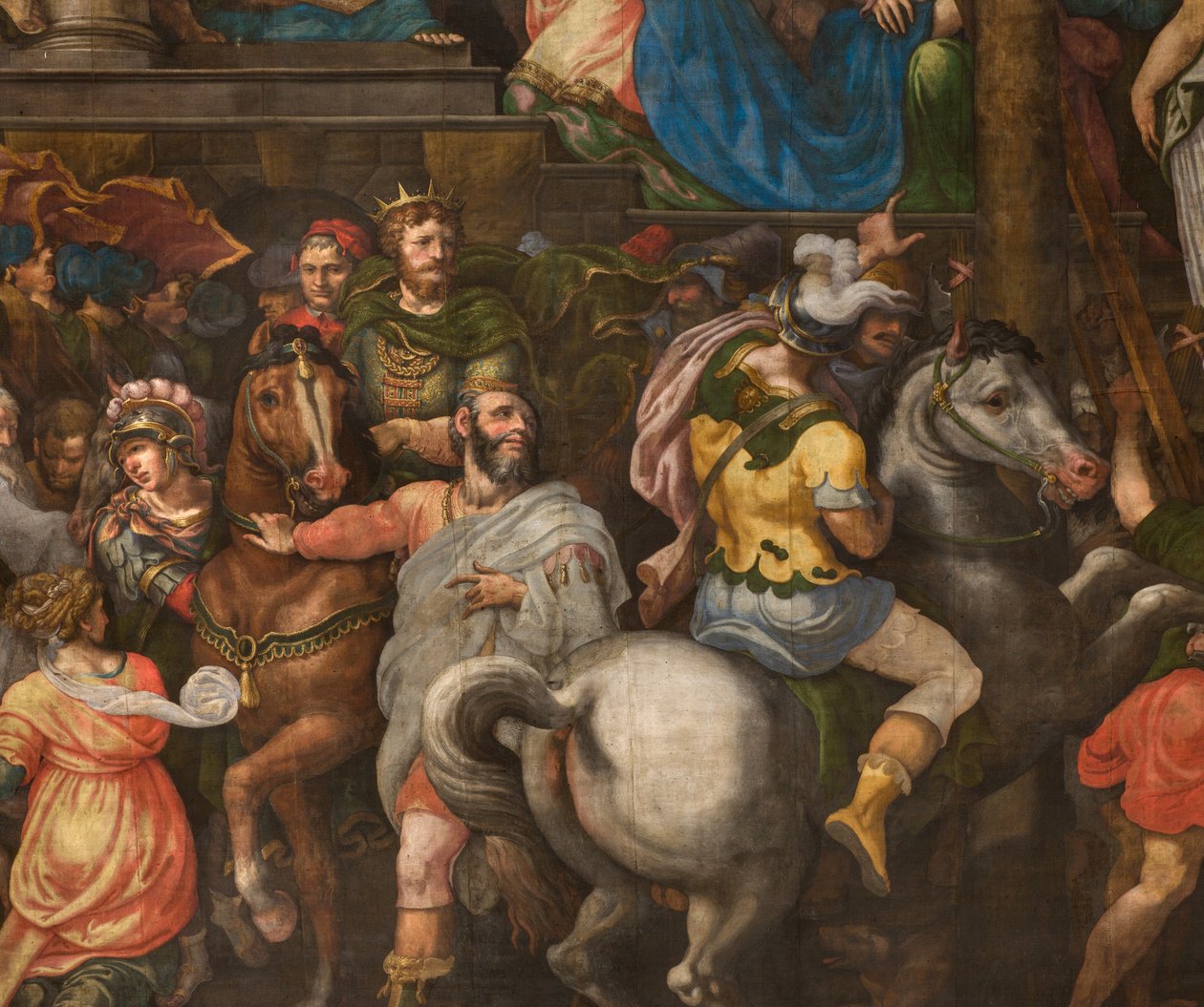 Mur naprzeciw przeciwfasady południowego transeptu, Giuseppe Campi, Triumf Mardocheusza 1567, Detal część dolna autorstwa Giulio Campi