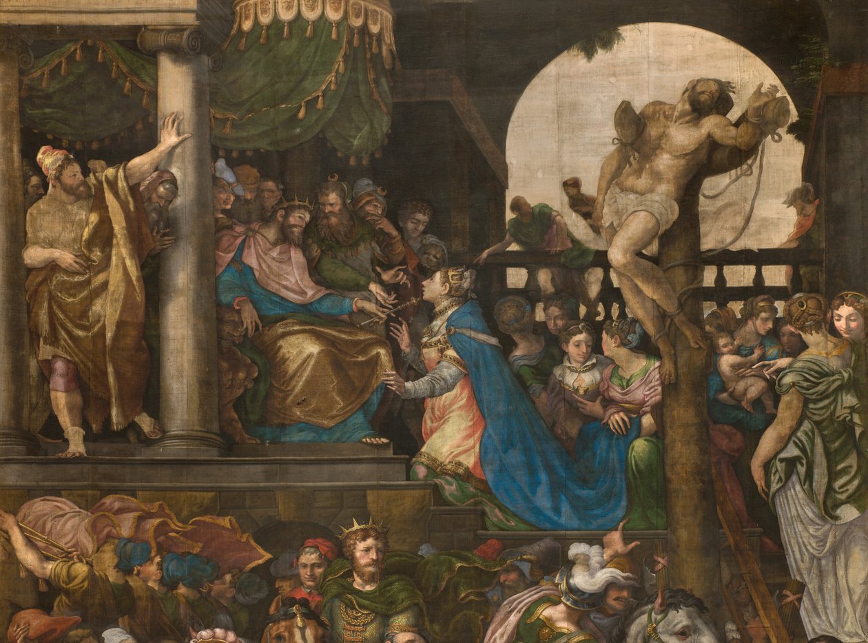 Ściana naprzeciwko przeciwfasady południowego transeptu, Giuseppe Campi, Triumf Mardocheusza 1567, Detal wysoka część autorstwa Giulio Campi