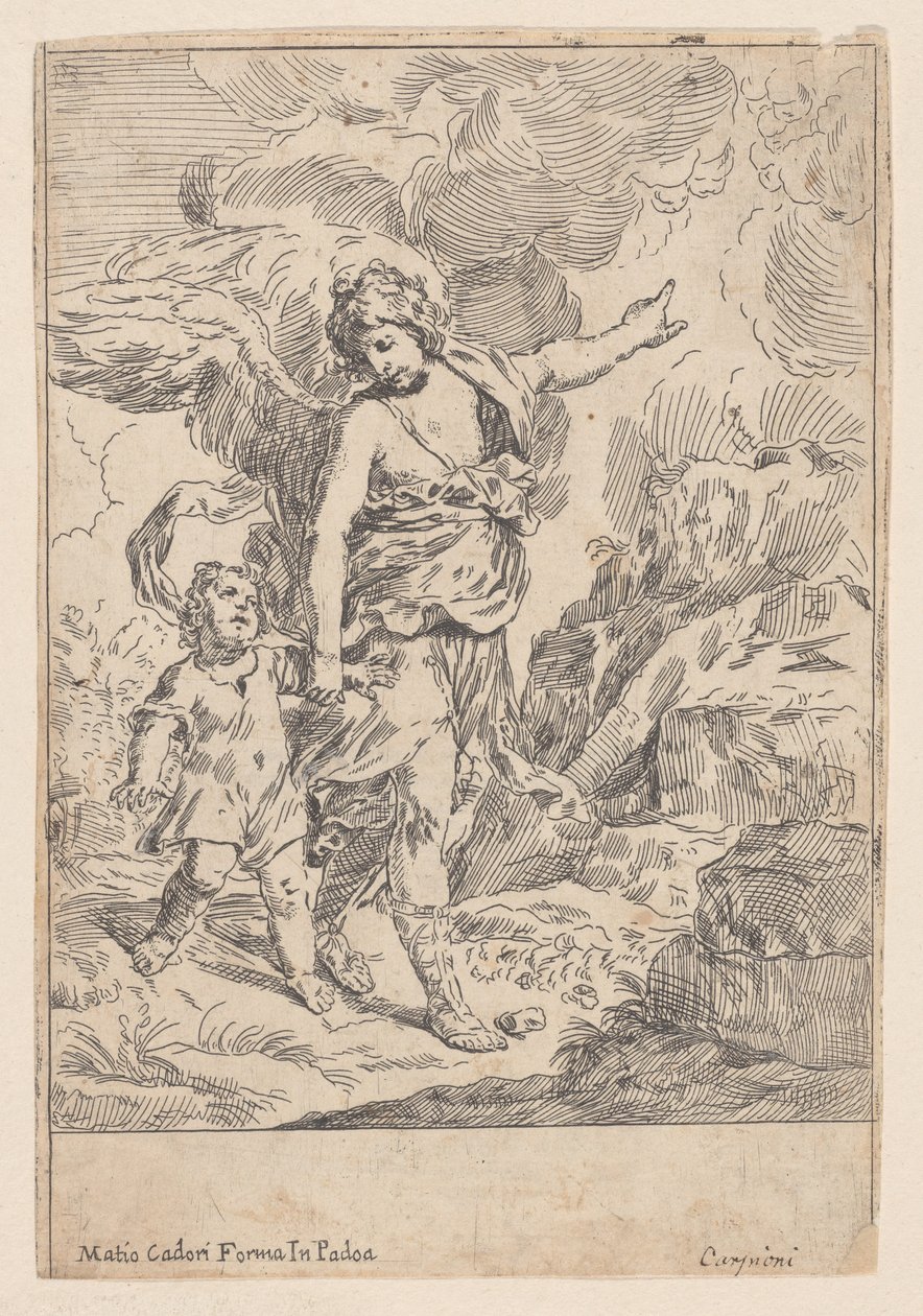 Anioł Stróż idący za rękę z małym dzieckiem, 1640-60. autorstwa Giulio Carpioni