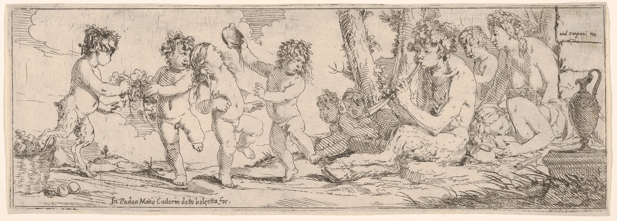 Bachanał z satyrem grającym na lutni i otoczony czterema postaciami, zwróconymi w stronę p..., 1640-60. autorstwa Giulio Carpioni