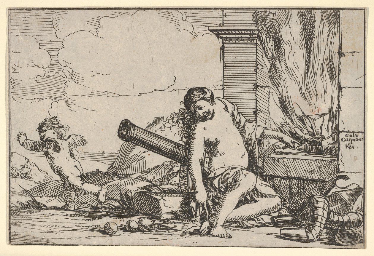 Ogień, reprezentowany przez Wenus siedzącą przed kuźnią Wulkana, ze zbroją, armatą i armatą..., 1640-60. autorstwa Giulio Carpioni