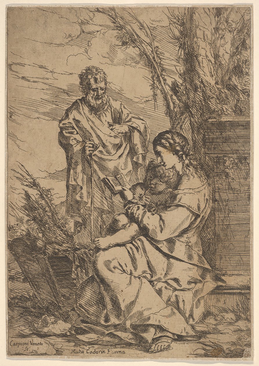Święta Rodzina z czytaniem Matki Boskiej, Dziewica siedzi z profilu z księgą po lewej..., 1640-60. autorstwa Giulio Carpioni