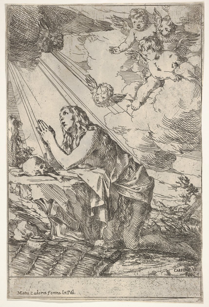 Magdalena pokutująca klęcząca na kamienistej ziemi przed czaszką i kośćmi, maść...,ok. 1640-55. autorstwa Giulio Carpioni
