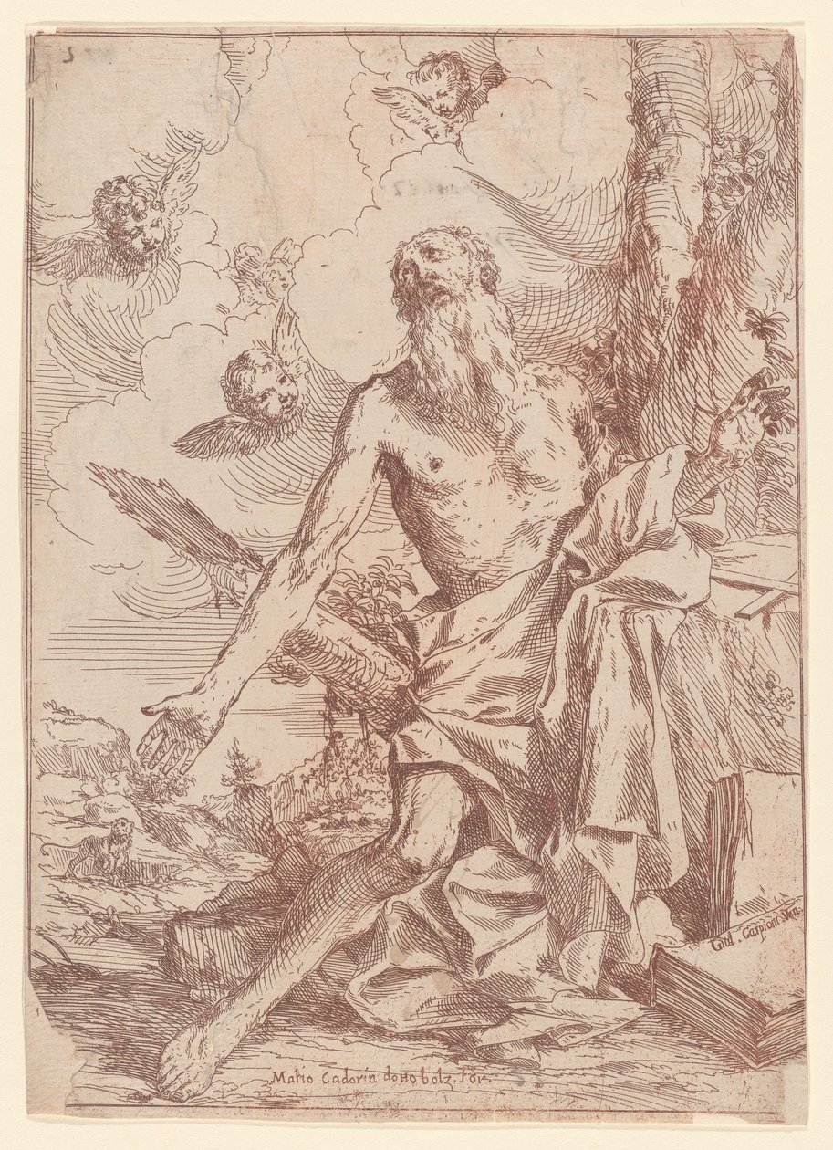 Święty Hieronim klęczący przy drzewie z rozpostartymi ramionami, 1640-60. autorstwa Giulio Carpioni
