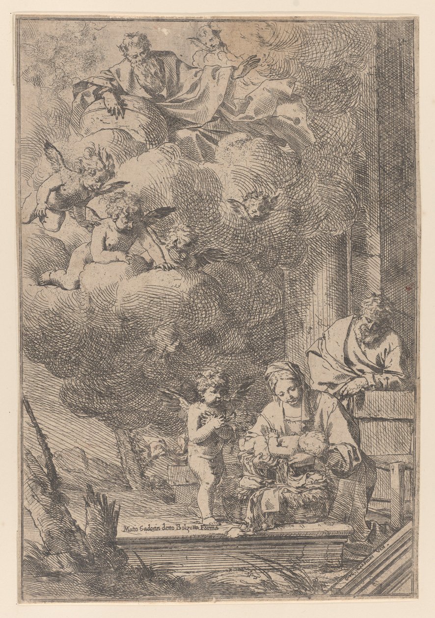 Święta Rodzina z Panną trzymającą Chrystusa nad kołyską, 1640-60., 1640-60. autorstwa Giulio Carpioni