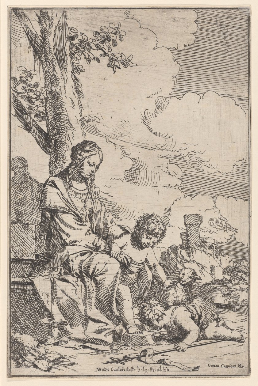 Święta Rodzina z Dzieciątkiem Św. Janem całującym stopy Chrystusa, 1640-60. autorstwa Giulio Carpioni