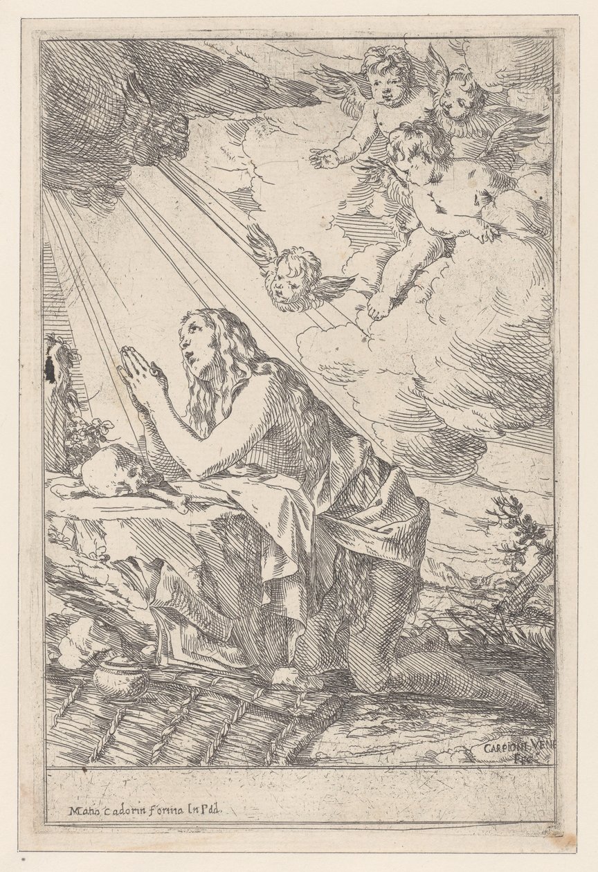Pokutująca św. Maria Magdalena klęcząca przed czaszką i kośćmi, 1640-60. autorstwa Giulio Carpioni
