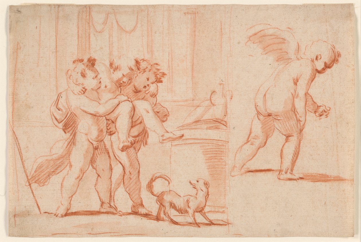 Dwóch Putti niosących trzecie putto; Kolejne Putto z tyłu autorstwa Giulio Carpioni