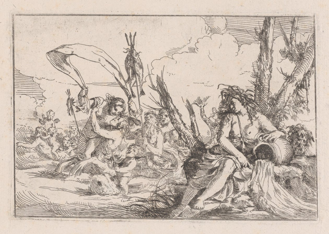 Woda, reprezentowana przez najadę siedzącą u podstawy drzewa..., 1640-60. autorstwa Giulio Carpioni