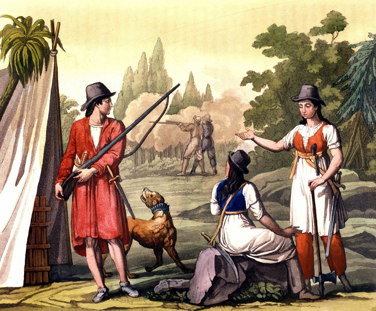 Buccaneers i kobiety bardziej zadziorne: pirat Jack Rackham mówi Red lub John Rackham, lepiej znany jako Calico Jack (? -1720) reprezentowany z Anne Bonny (Bonney) i Mary (Marc) Read w Indiach Zachodnich. Talerz zaczerpnięty z „Stary i współczesny strój” F autorstwa Giulio Ferrario