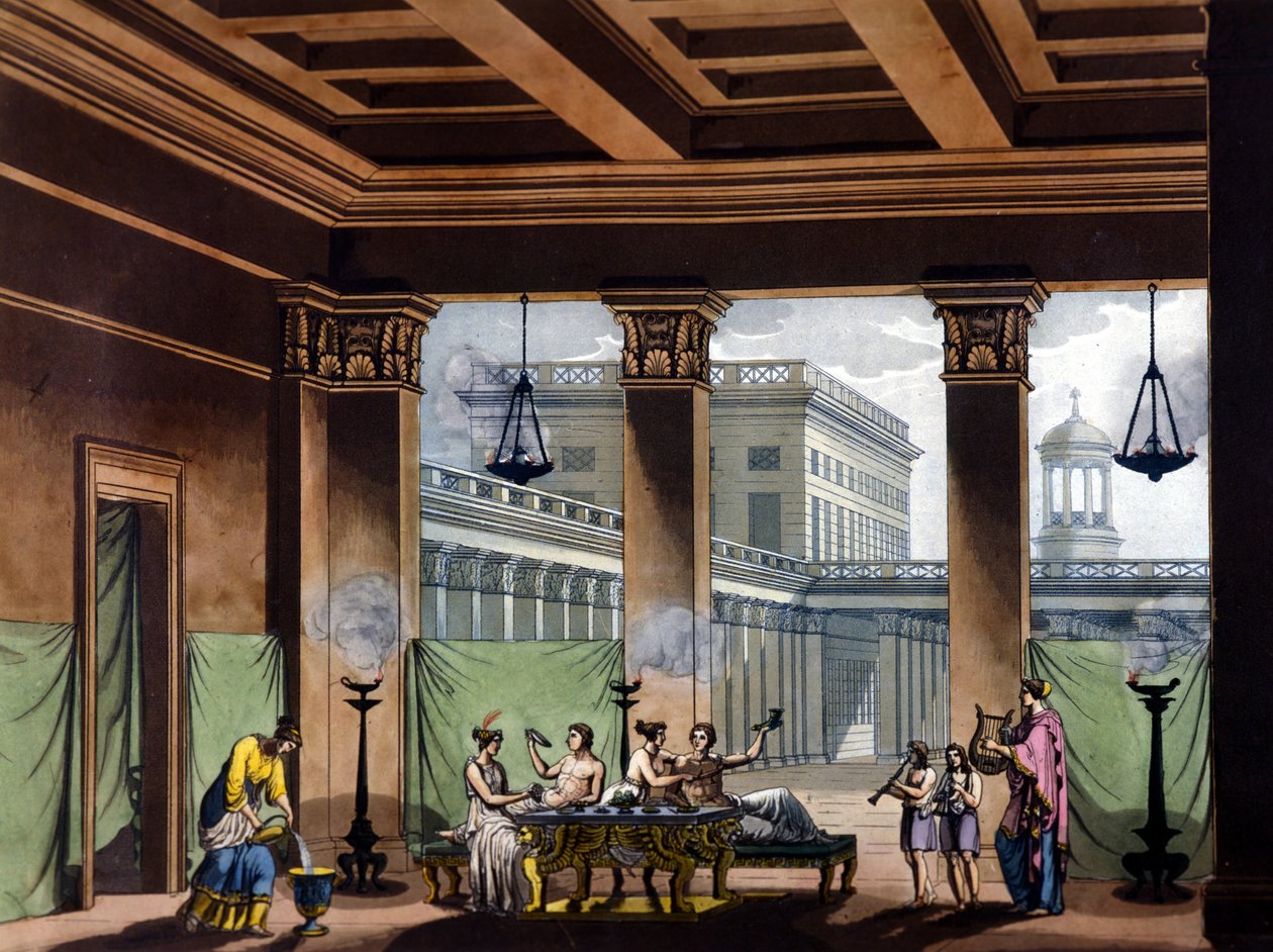 Triclinium zapalił lampy oliwne w starożytnej Grecji: scena bankietowa - w dawnym i współczesnym stroju Julesa Ferrario, wyd. Mediolan autorstwa Giulio Ferrario