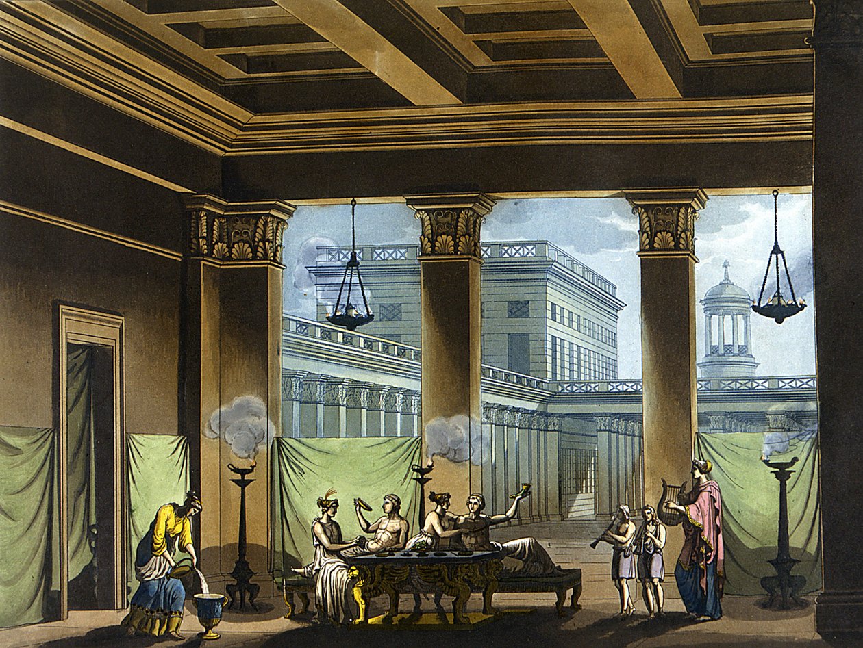 Triclinium oświetlone lampami oliwnymi w starożytnej Grecji: scena bankietowa - w „Stary i współczesny kostium”” Julesa Ferrario, wyd. Mediolan autorstwa Giulio Ferrario