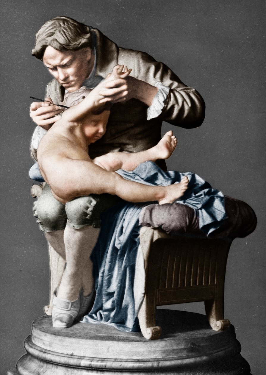 Edward Jenner, angielski lekarz, szczepiący syna, ok. 1796 ok. 1900. autorstwa Giulio Monteverde