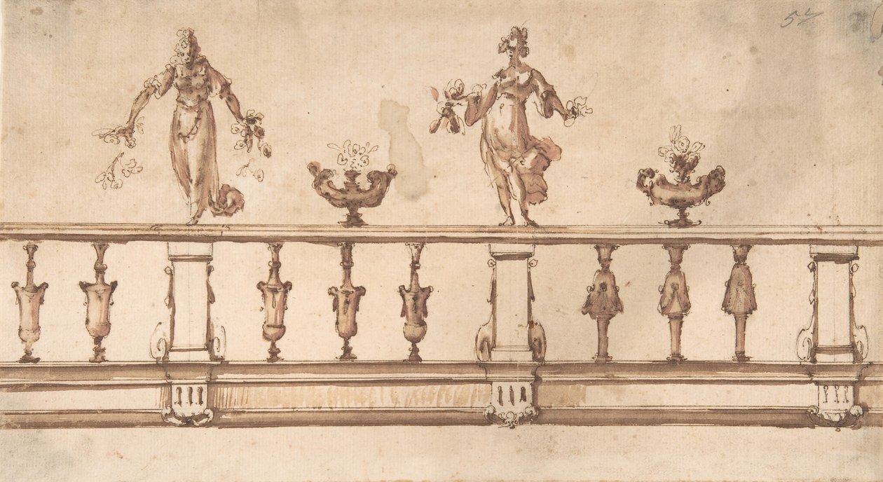 Projekt balustrady z figurami kobiecymi i urnami, XVI-XVII w. autorstwa Giulio Parigi