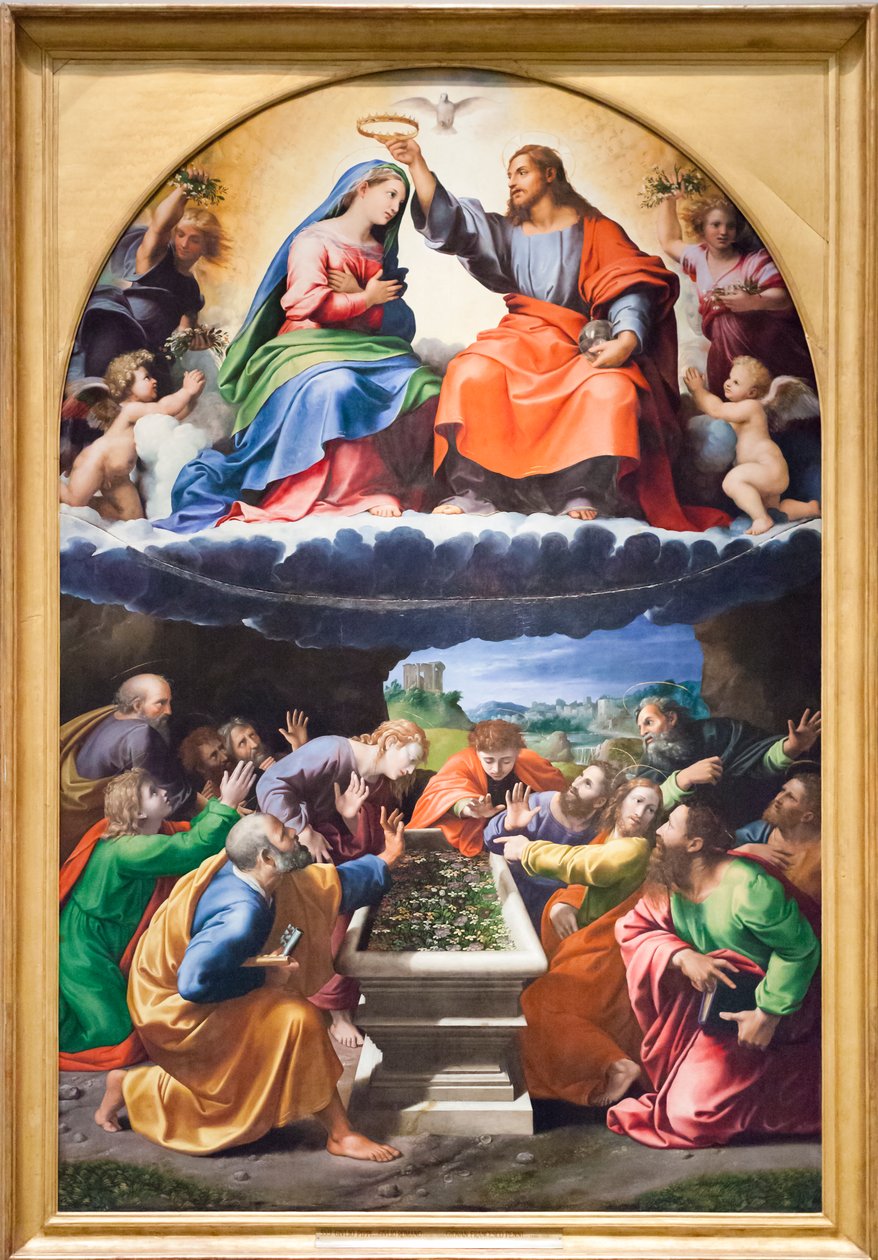 Koronacja Marii Panny lub Madonny z Monteluce, ok. 1525 r. (olej na drewnie) autorstwa Giulio & Penni Giovanni Francesco (il Fattore) (c.1488 1528) Romano