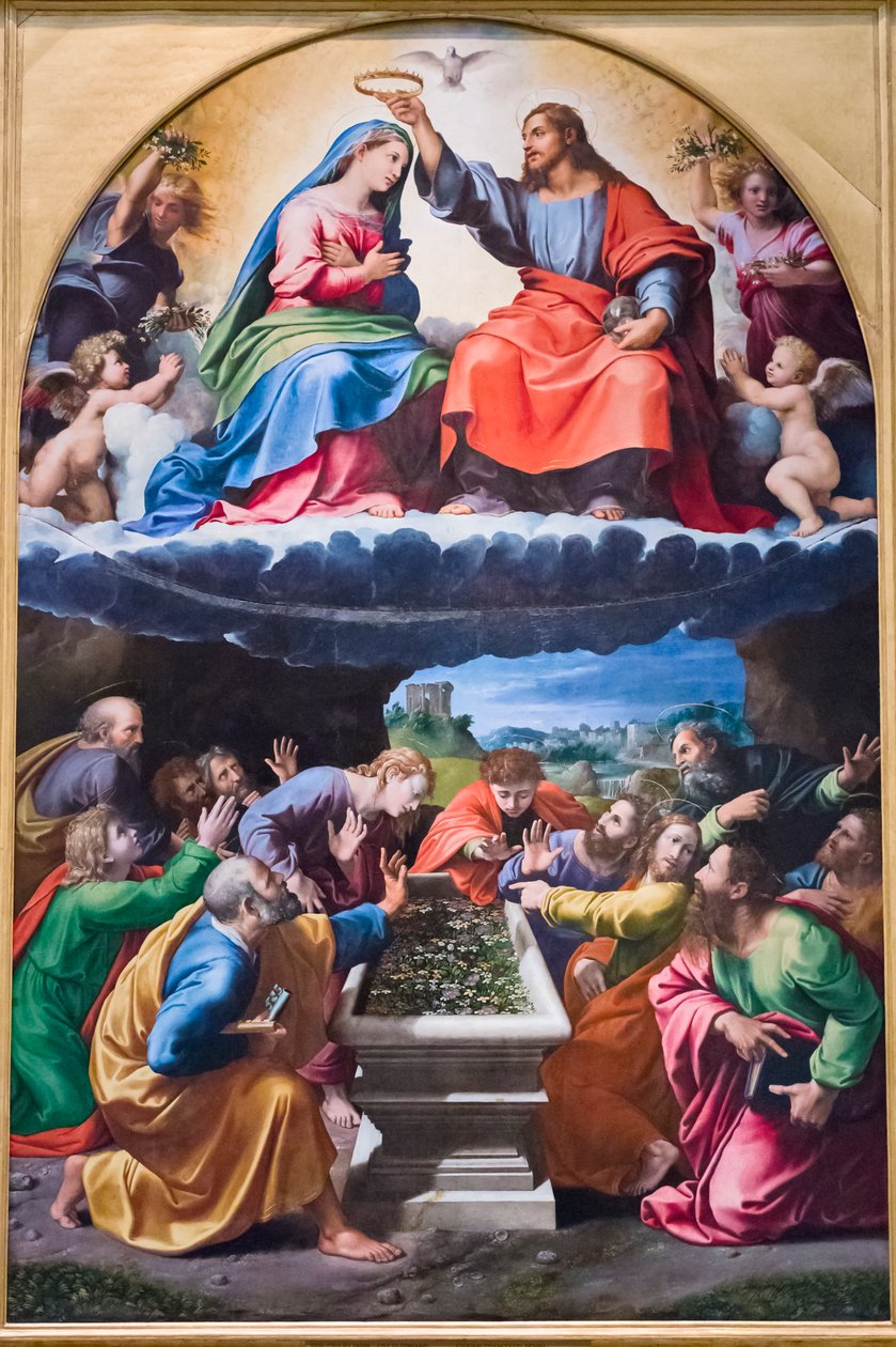 Ukoronowanie NMP, „Madonna z Monteluce” 1505-25 (olej na drewnie) autorstwa Giulio & Penni Giovanni Francesco (il Fattore) (c.1488 1528) Romano