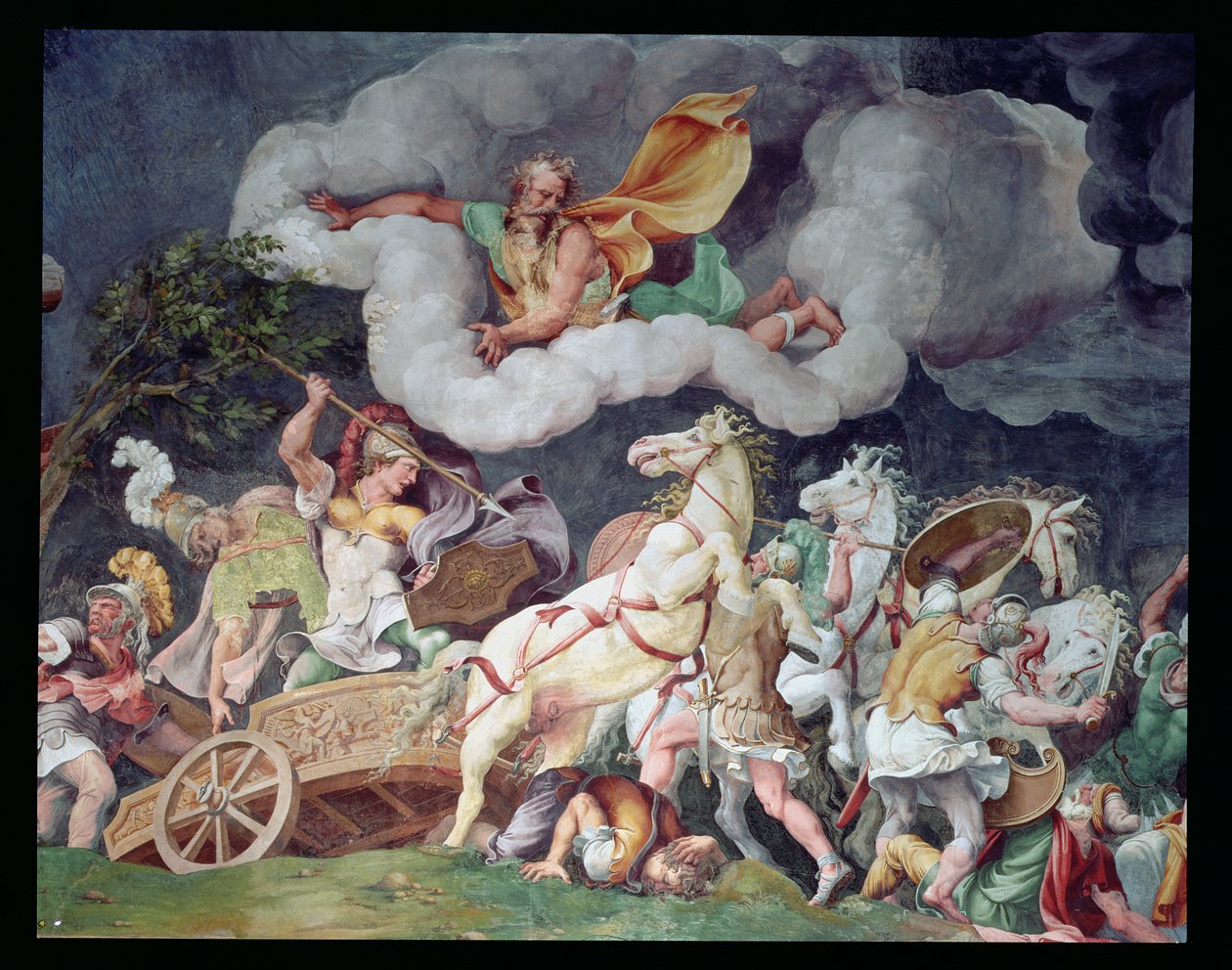 Achilles ciągnący ciało Hektora na swoim rydwanie, fragment ze stropu Sala di Troia, ok. 1538 autorstwa Giulio Romano
