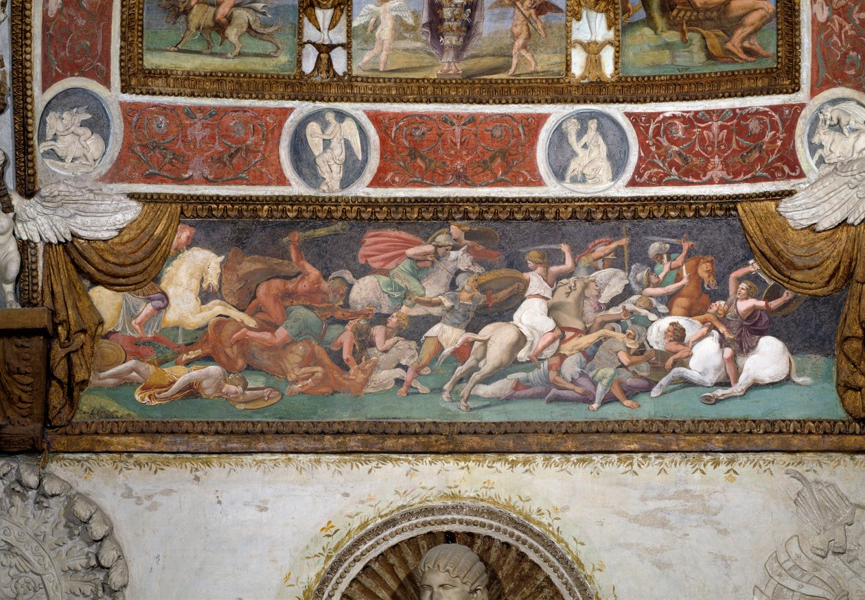 Camera delle Aquile, fragment fryzu przedstawiający walkę Greków z Amazonkami, fresk z 1528 r. autorstwa Giulio Romano