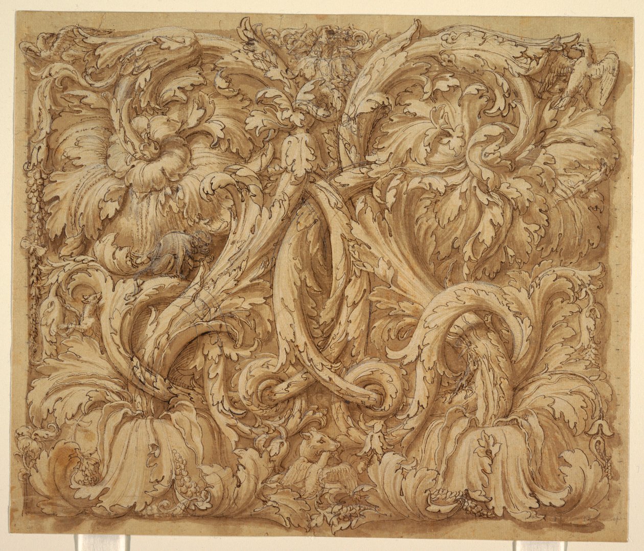 Projekt dla Acanthus Rinceaux ze zwierzętami i ptakami autorstwa Giulio Romano
