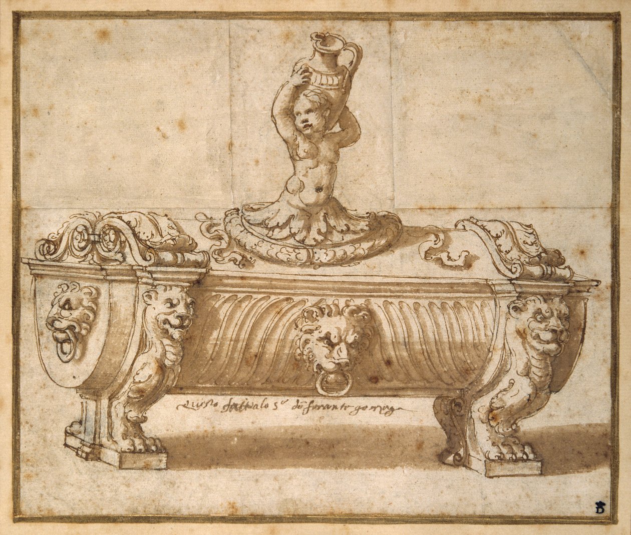 Projekt pudełka na słodycze (pióro i brązowy tusz z wash on paper) autorstwa Giulio Romano
