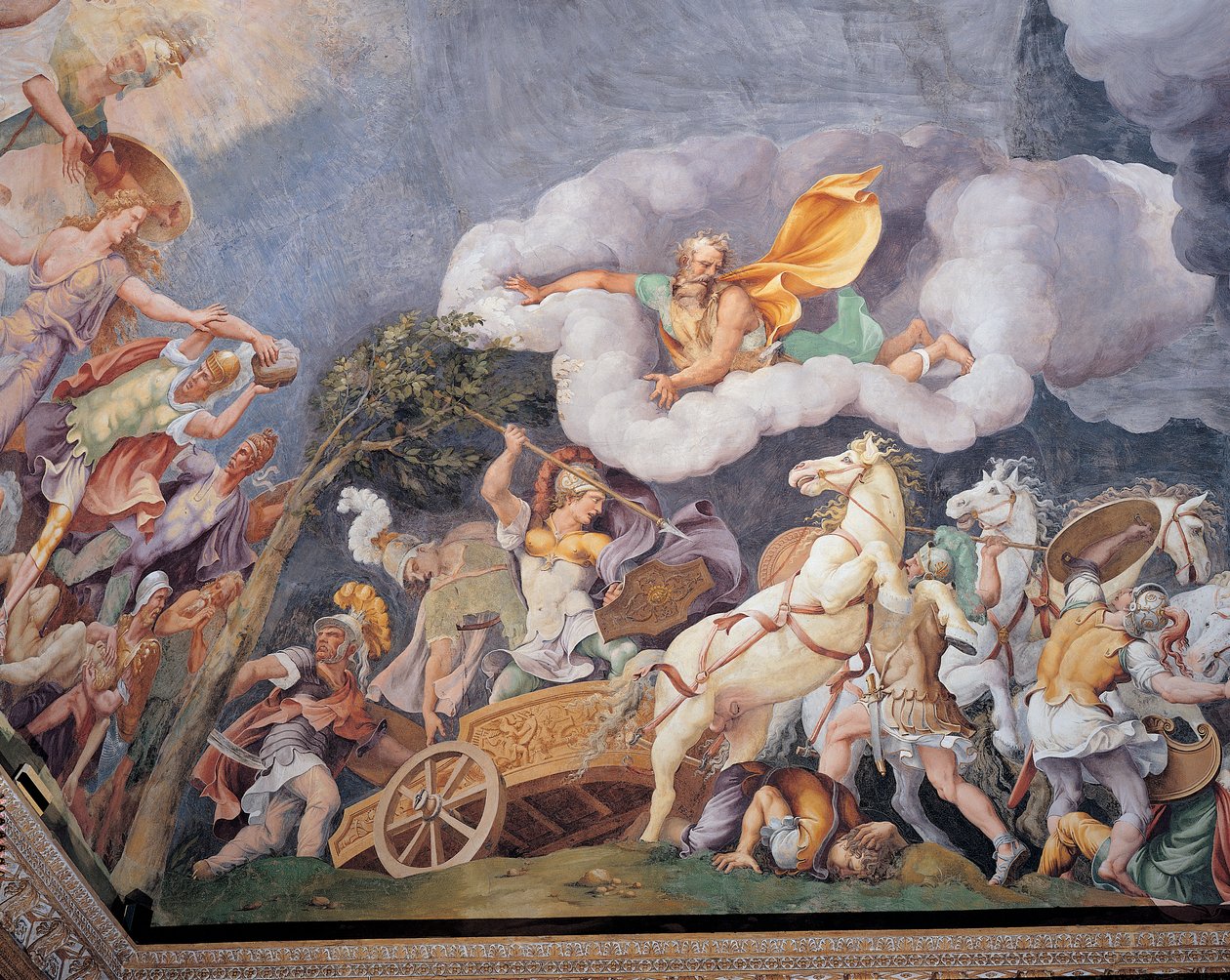 Diomedes zabijający Tydeusa, Fineusa i Pandarusa autorstwa Giulio Romano
