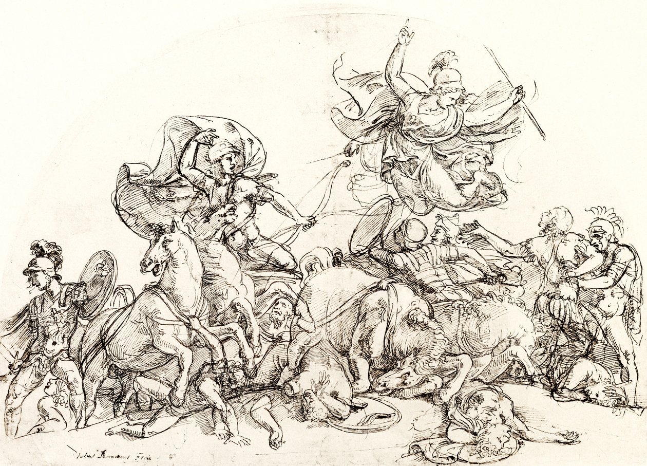 Diomedes, zraniony przez Pandarusa, jest pocieszany przez Pallas Athene autorstwa Giulio Romano