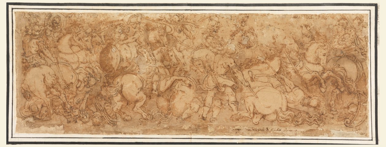 Rysunek, scena bitwy, 1524-46 autorstwa Giulio Romano