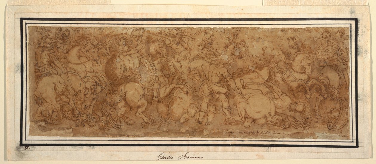 Rysunek, scena bitwy, 1524-46 autorstwa Giulio Romano