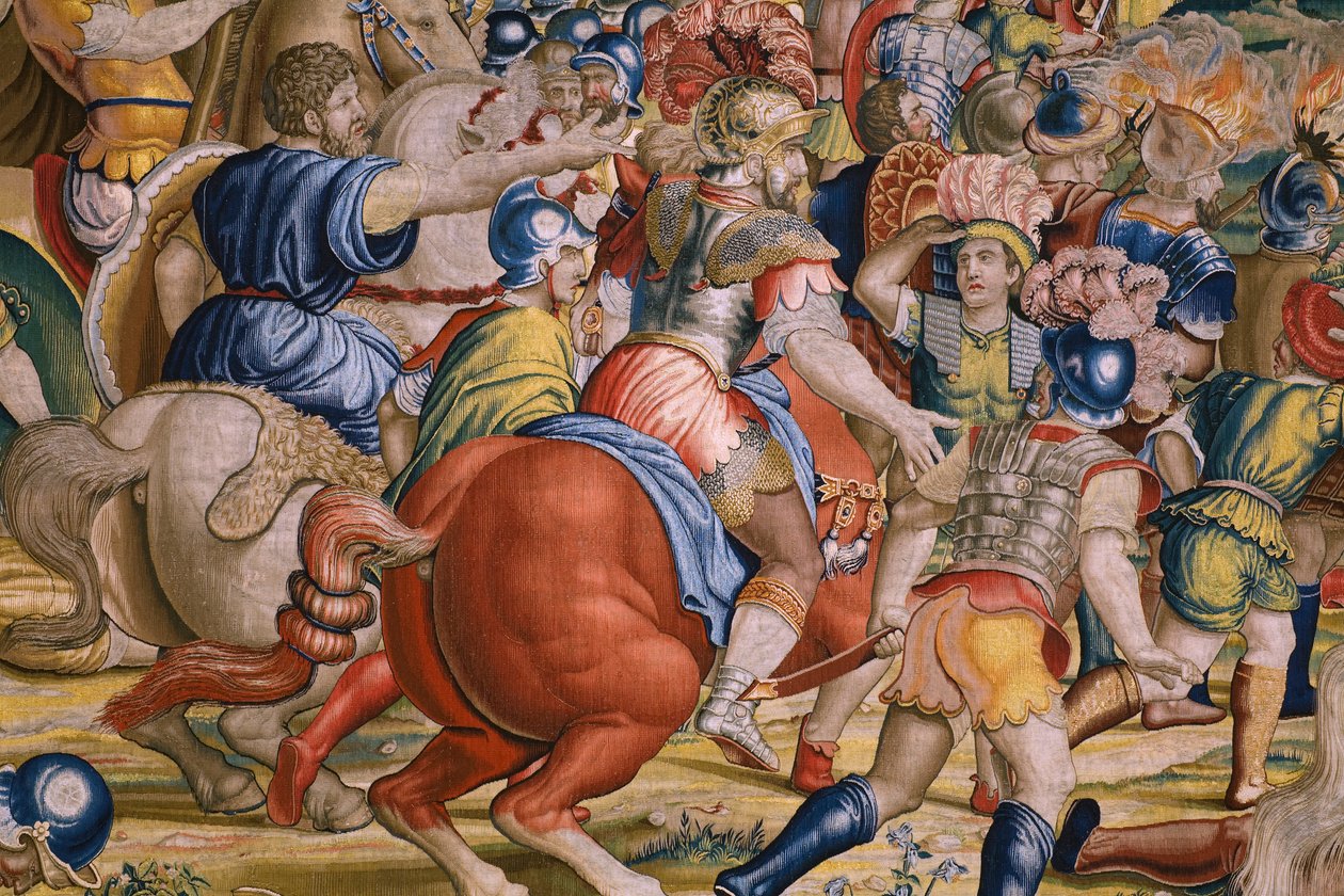Flamandzki gobelin. Seria Dzieje Scypiona: Bitwa pod Zamą. Rysownik Giulio Romano. Atelier Balthasara van Vlierdena (?), Bruksela. 1523-1532. Szczegół. autorstwa Giulio Romano