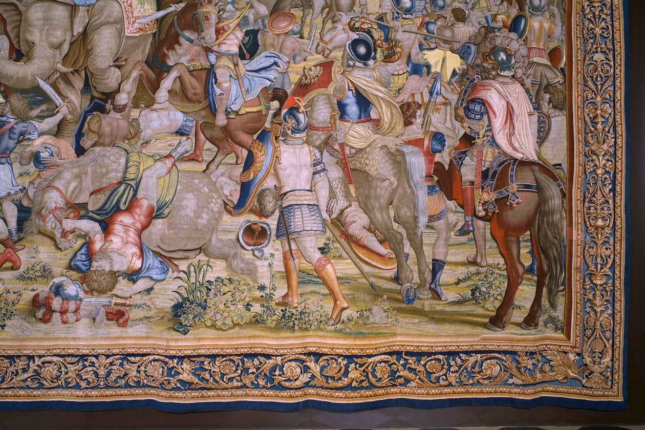 Flamandzki gobelin. Seria Dzieje Scypiona: Bitwa pod Zamą. Rysownik Giulio Romano. Atelier Balthasara van Vlierdena (?), Bruksela. 1523-1532. Szczegół. autorstwa Giulio Romano