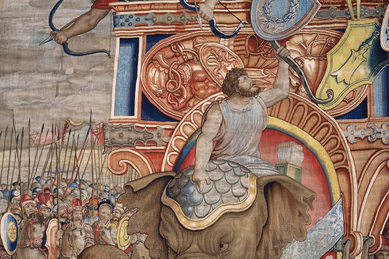 Flamandzki gobelin. Seria Akty Scypiona. Bitwa pod Zamą. Rysownik Giulio Romano. Atelier Balthasara van Vlierdena (?), Bruksela. 1523-1532. Szczegół. autorstwa Giulio Romano