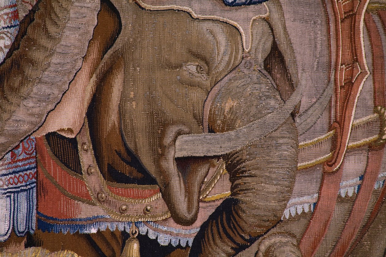 Flamandzki gobelin. Seria Dzieje Scypiona: Bitwa pod Zamą. Rysownik Giulio Romano. Atelier Balthasara van Vlierdena (?), Bruksela. 1523-1532. Szczegół. autorstwa Giulio Romano