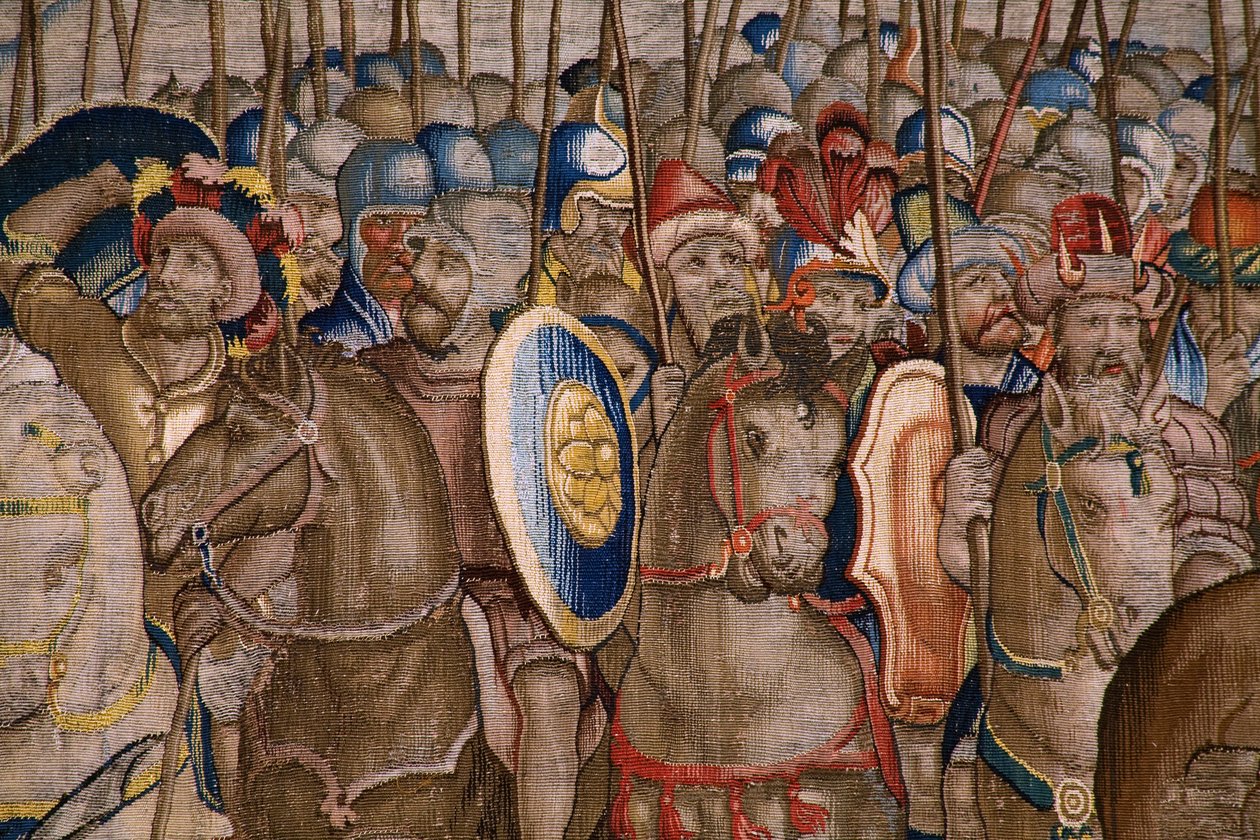 Flamandzki gobelin. Seria Dzieje Scypiona: Bitwa pod Zamą. Rysownik Giulio Romano. Atelier Balthasara van Vlierdena (?), Bruksela. 1523-1532. Szczegół. autorstwa Giulio Romano