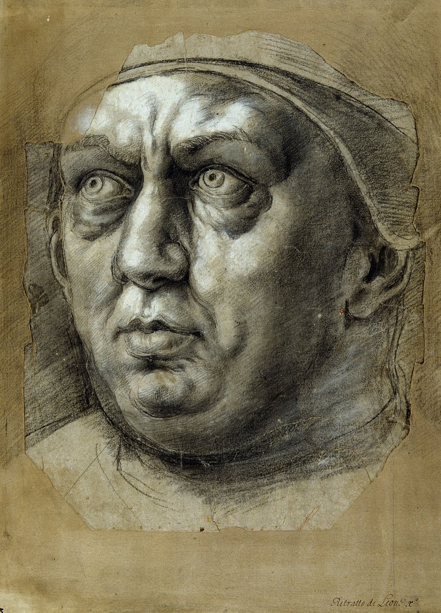 Głowa papieża Leona X (czarno-białe kredy na papierze) autorstwa Giulio Romano