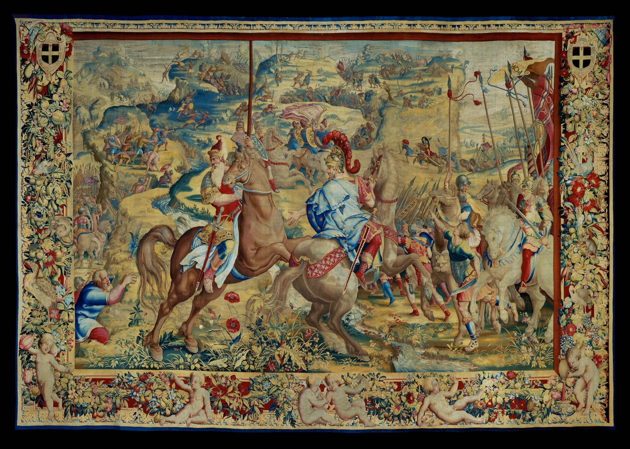 Historia Scypiona: Bitwa na płaskowyżu, czwarty fragment gobelinu, wełna i jedwab, gobelin ... autorstwa Giulio Romano