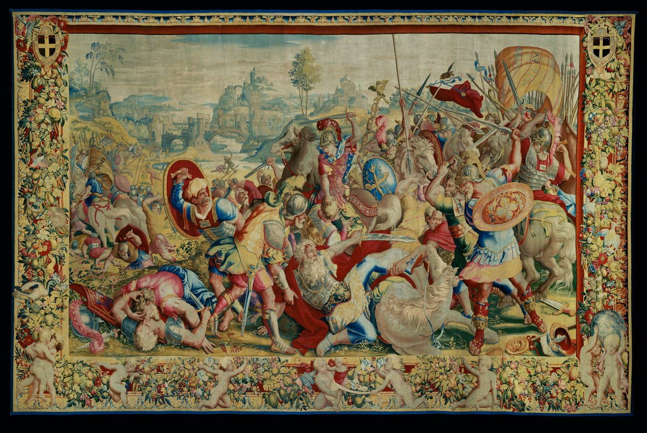 Historia Scypiona: Bitwa pod Ticino, pierwszy fragment gobelinu, wełna i jedwab, gobelin ... autorstwa Giulio Romano