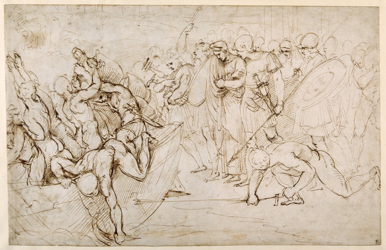 Neoptolemus biorący Andromachę do niewoli po upadku Troi (pióro i brązowy atrament na białym papierze) autorstwa Giulio Romano