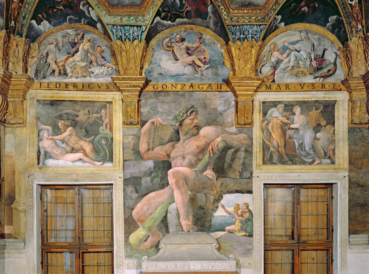 Olympia uwiedziona przez Jowisza, Polifem strzegący Acisa i Galatei, Pasiphae wchodząca do krowy skonstruowanej przez Dedala, z Sala di Amore e Psiche autorstwa Giulio Romano