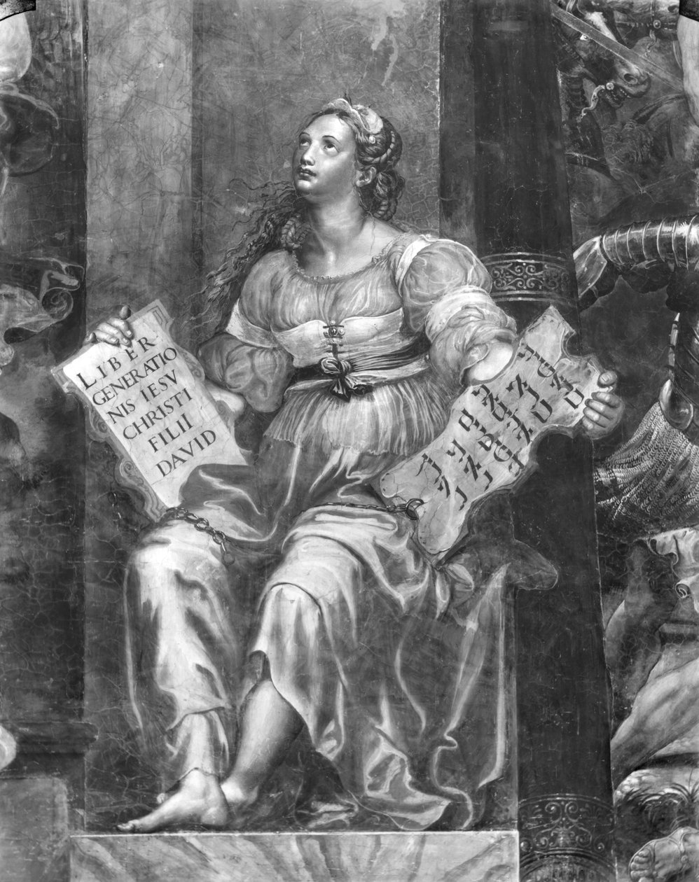 Religia, jedna z dwóch alegorycznych postaci otaczających papieża Sylwestra I (314-35) Pokoje Rafaela (szczegół) (patrz także 252792 i 252793) autorstwa Giulio Romano