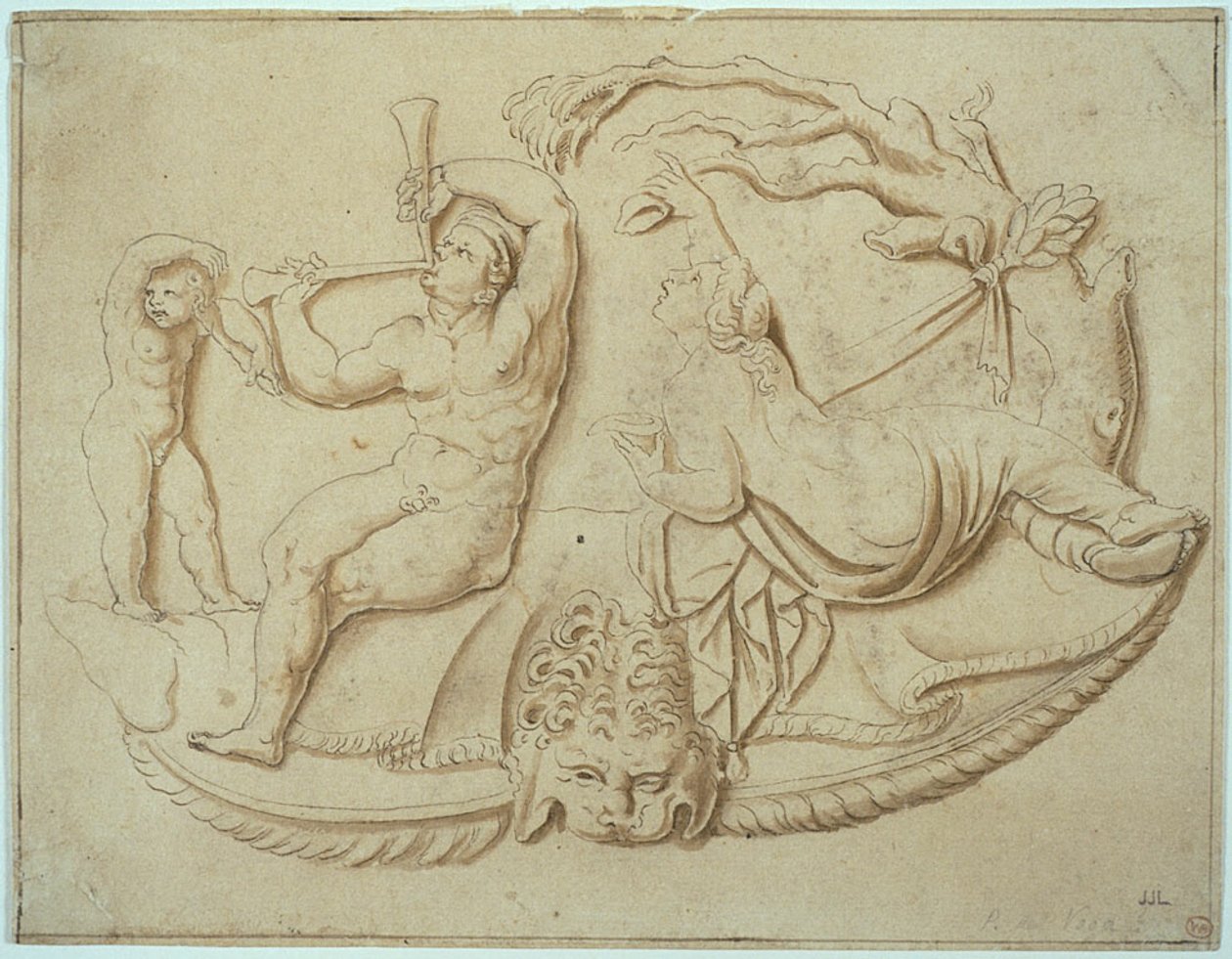 Satyr z dwiema fajkami i putto oraz kobieta pijąca napój z drzewa autorstwa Giulio Romano
