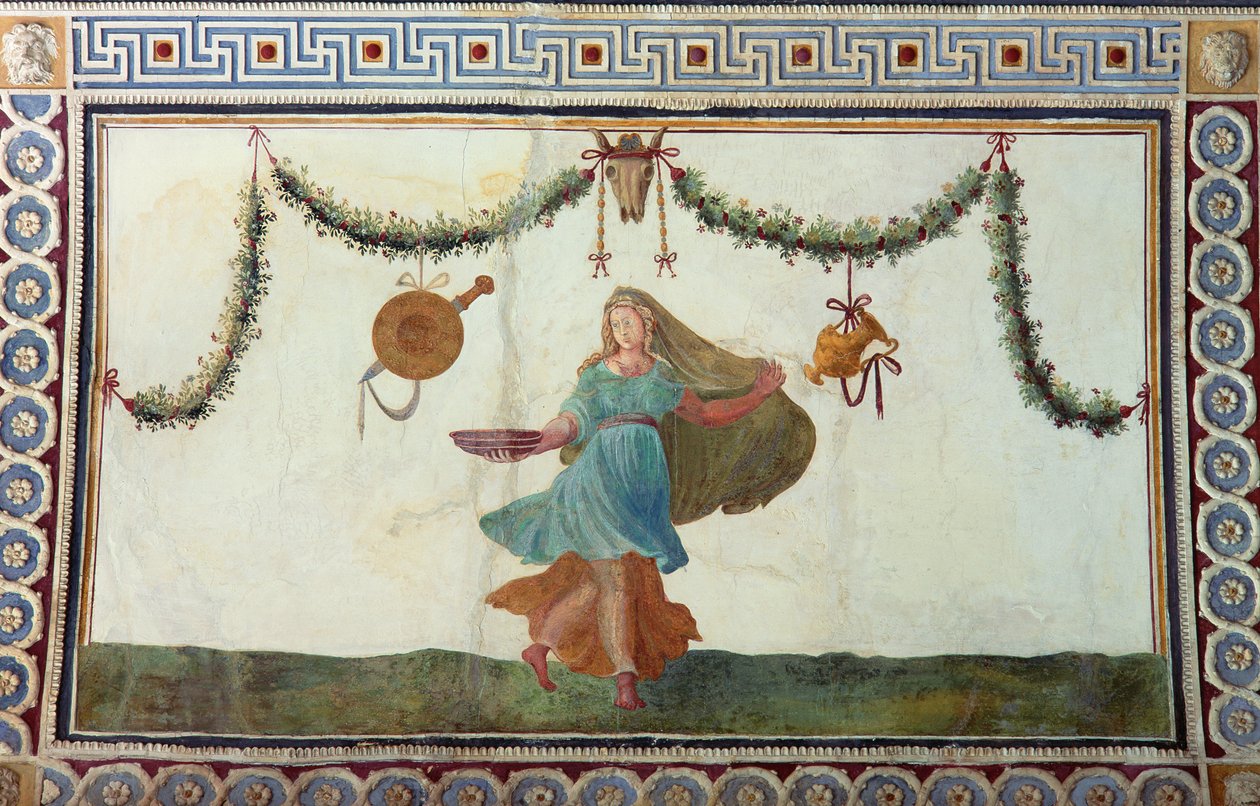 Camera con Fregio di Amorini Komnata Fryzu Kupidyna detal sufitu przedstawiający kobietę trzymającą misę, fresk z 1520 r. autorstwa Giulio Romano