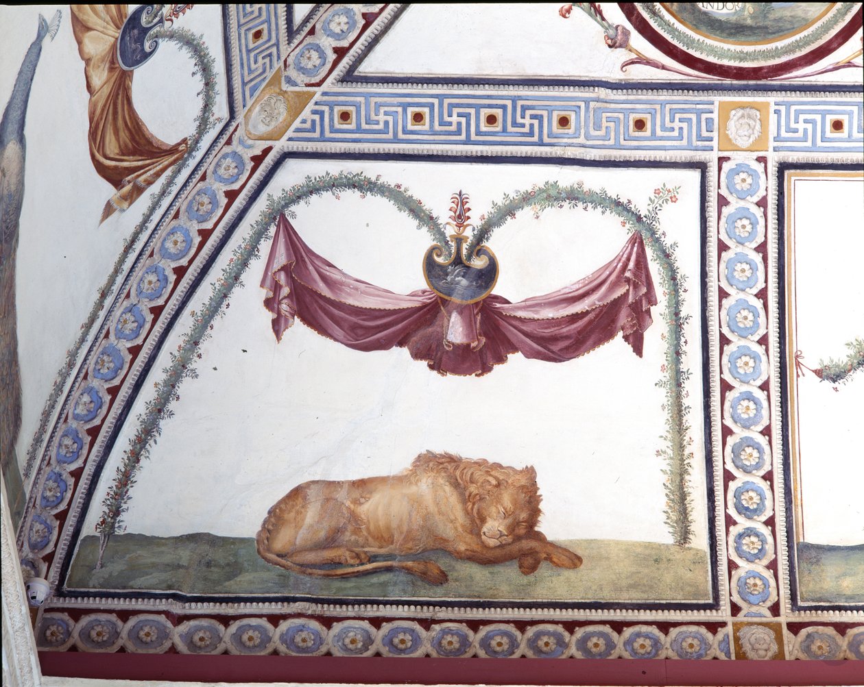 Komora Camera con fregio di Amorini fryz Kupidyna, fragment śpiącego lwa, fresk z lat 20. XX wieku autorstwa Giulio Romano