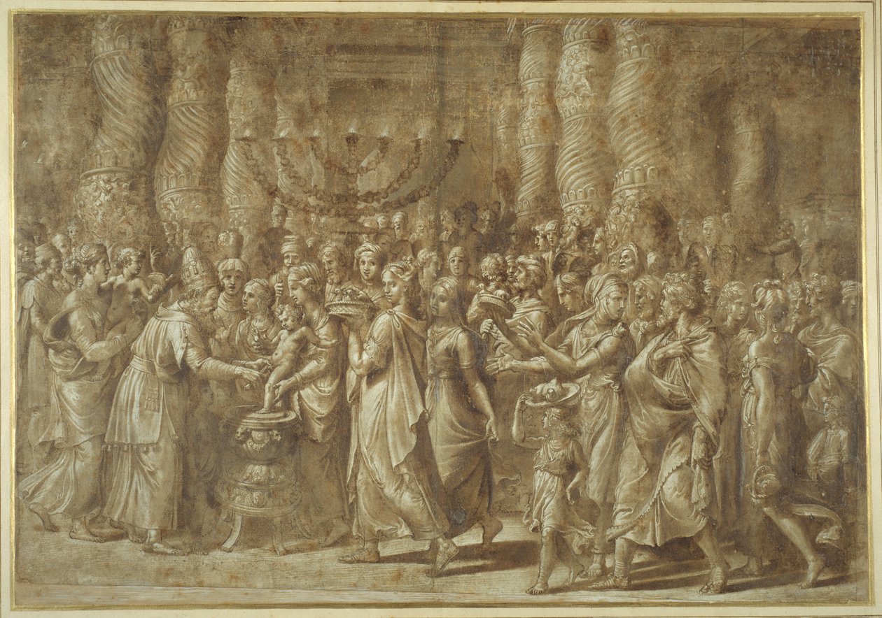 Obrzezanie (pióro i brązowy atrament z brązowym rozmyciem i wyostrzeniem) autorstwa Giulio Romano
