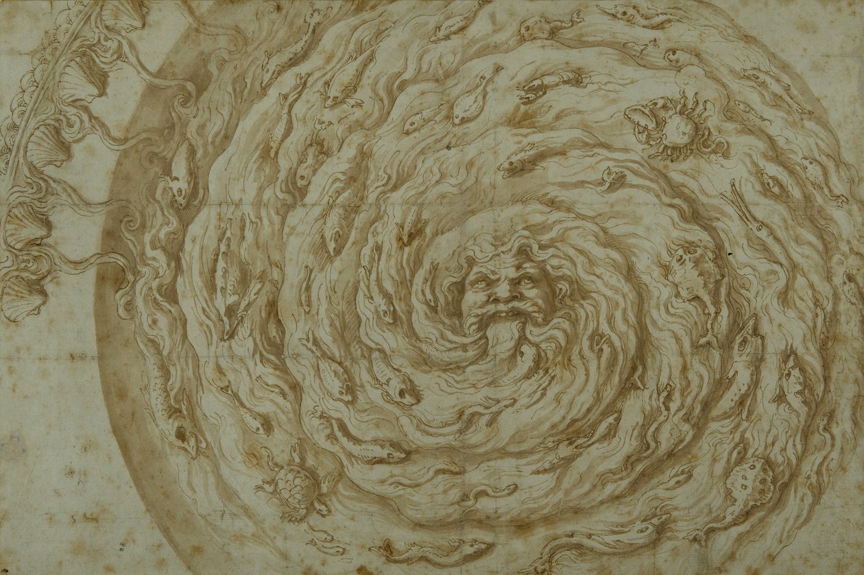 Stream Oceanus (pióro i brązowy tusz z wash on paper) autorstwa Giulio Romano