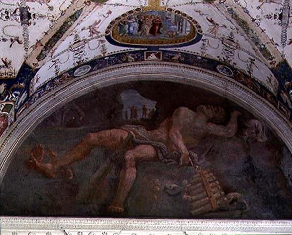Loggia, detal lunety w sklepieniu przedstawiający Pana i satyry. autorstwa Giulio Romano