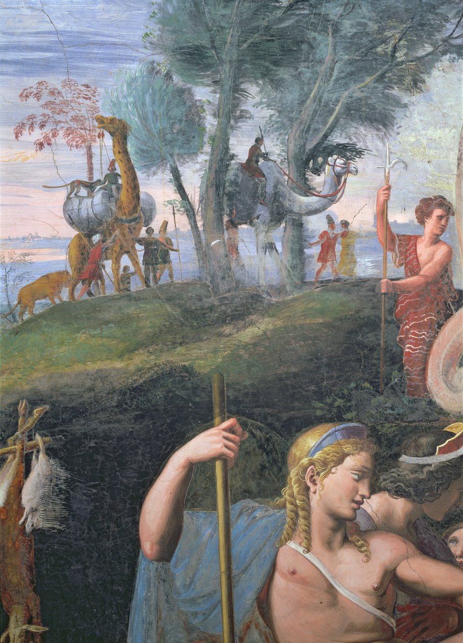 Szlachetna uczta z okazji zaślubin Kupidyna i Psyche, detal przedstawiający głowę Apolla na tle procesji egzotycznych zwierząt, z Sala di Amore e Psyche, 1528 autorstwa Giulio Romano