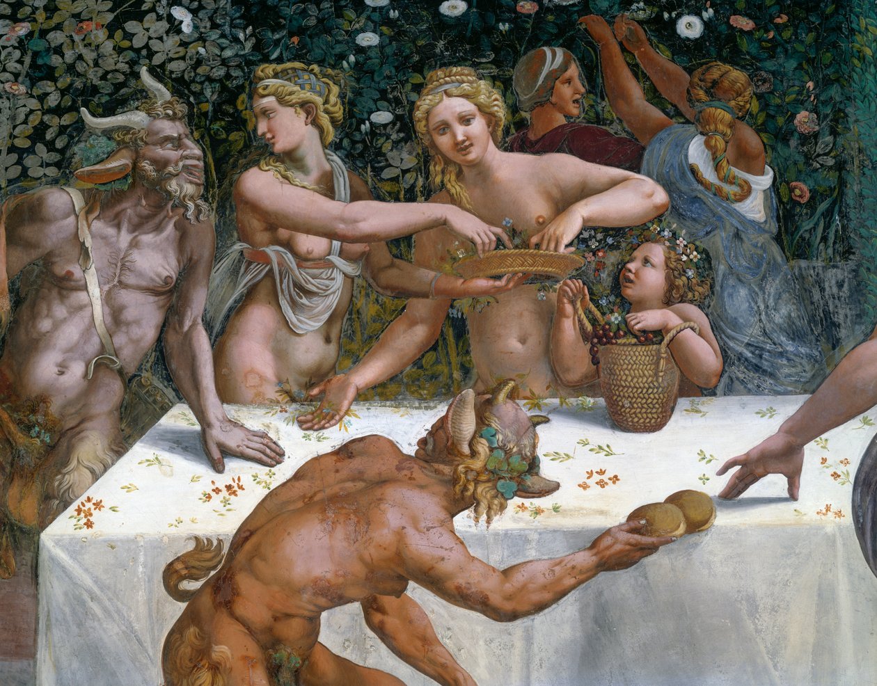 Uczta weselna lub bankiet bogów, fresk Giulio Romano (1499-1546), zachodnia ściana Komnaty Kupidyna i Psyche, Palazzo Te, Mantua (Lista Światowego Dziedzictwa UNESCO, 2008), Lombardia, Włochy autorstwa Giulio Romano